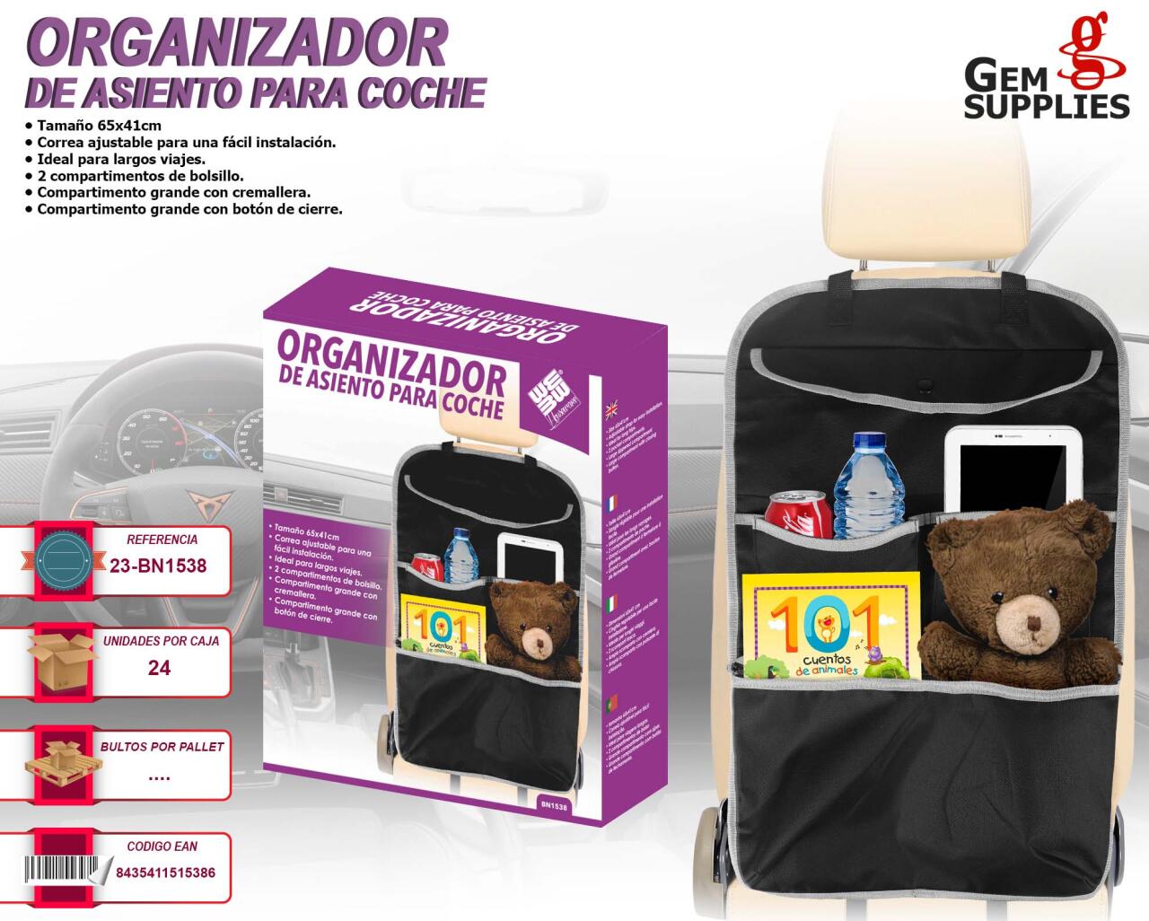 Pack Coche Organización De Asiento & Aspirador De Coche Con Luz LED