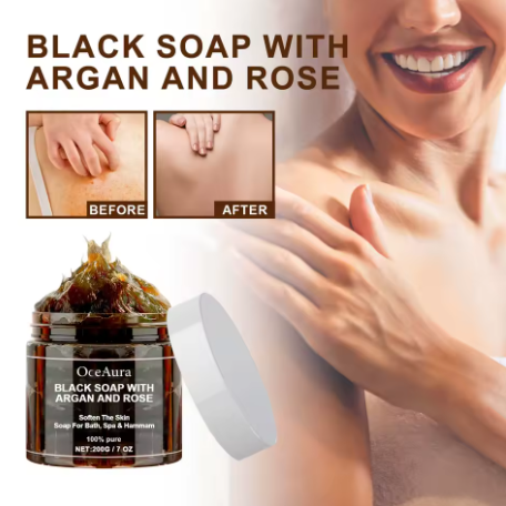 Jabón Negro OCEAURA con Argán y Rosa 200g – Limpieza Profunda y Cuidado Natural de la Piel